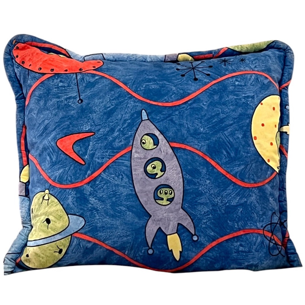 DOWN-FILLED Double-Sided Space Adventure Pillow with Rocket & Martian Design 22"